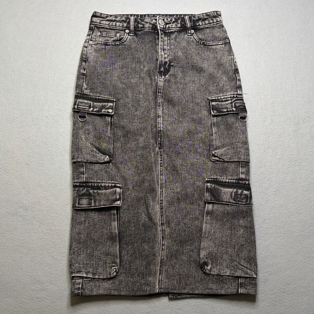 True Religion Midi‎ Slit Skirt Women 26 Black Vintage Cargo Acid Wash Denim